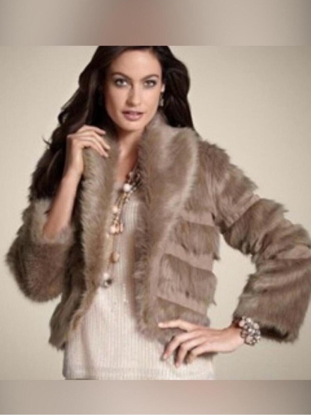 Chicos Faux Fur Bolero Jacket, Faux Suede Panels Shawl Collar Cropped Size M